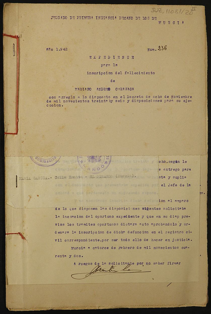 Expediente nº 236/1942 del Juzgado de Primera Instancia de Murcia para la inscripción en el Registro Civil por la defunción en el frente de Mariano Andreu Caravaca.